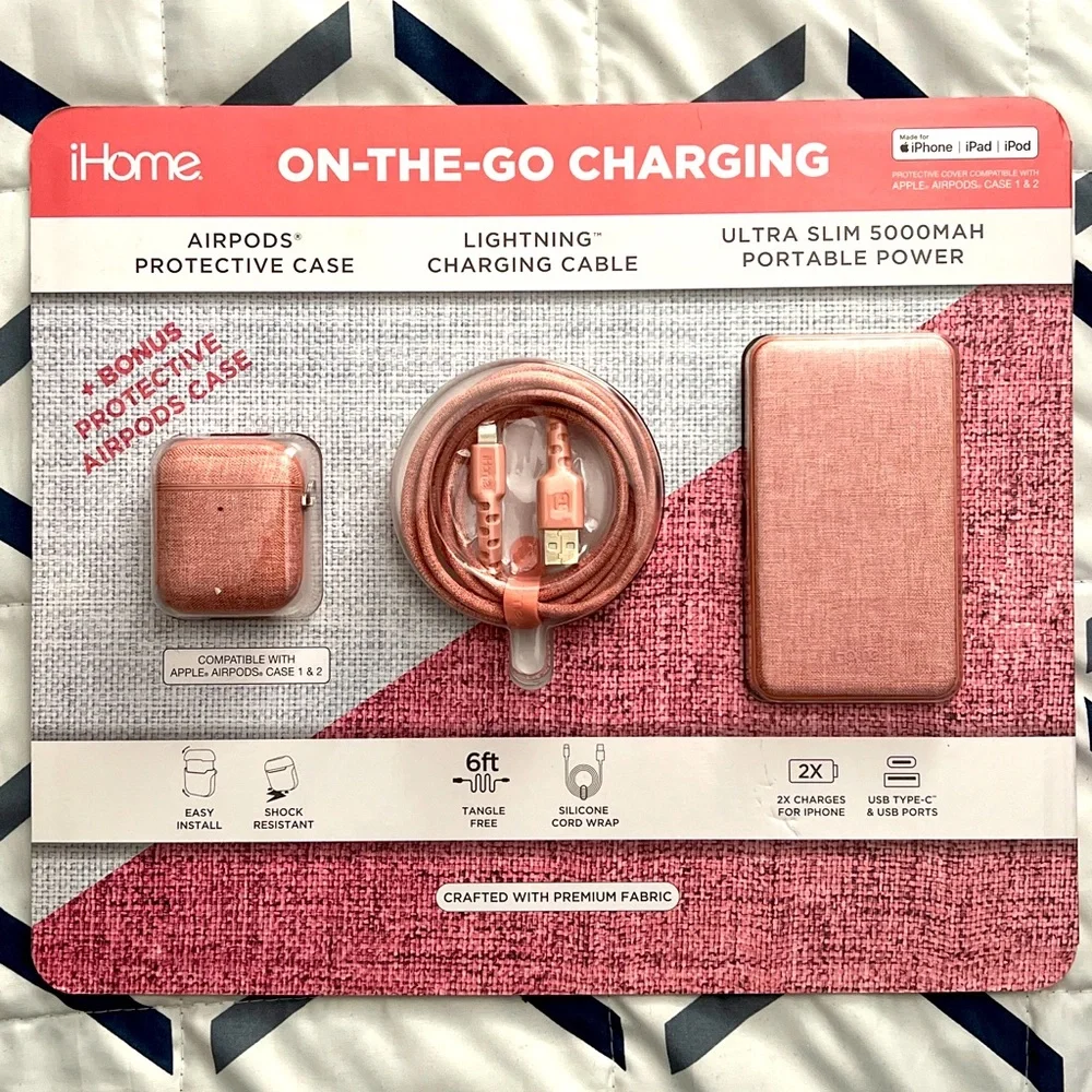 iHome 3 Piece On The Go Charging Set Pink